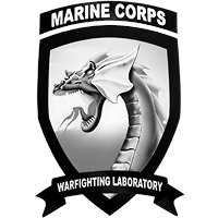 A black shield featuring a silver dragon head and a banner reading "Warfighting Laboratory" beneath "Marine Corps."